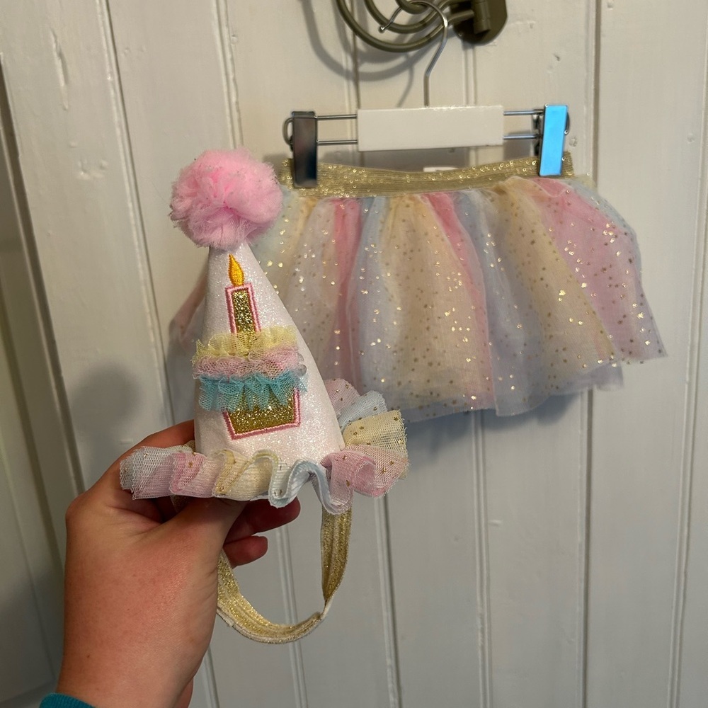 (3/$20) So Dorable 12/18m multicoloured glitter tutu & birthday hat headband set